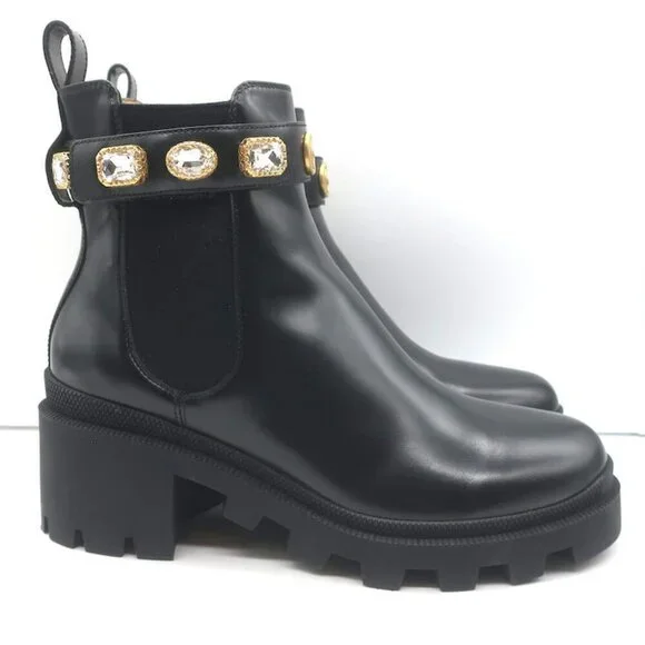 Gucci Trip Jeweled Strap Chelsea Boots Black Leather Size 39.5 NEW - Picture 3 of 11